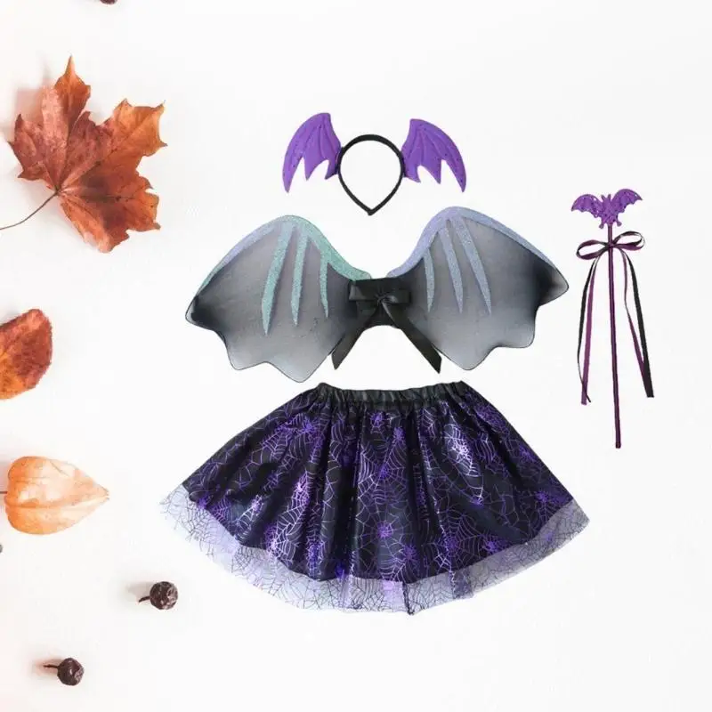 652F مجموعة أزياء الخفاش المكونة من 4 قطع من إكسسوارات أزياء الهالوين للأطفال، بما في ذلك جناح الخفاش والتنورة وعصابة رأس جناح #5