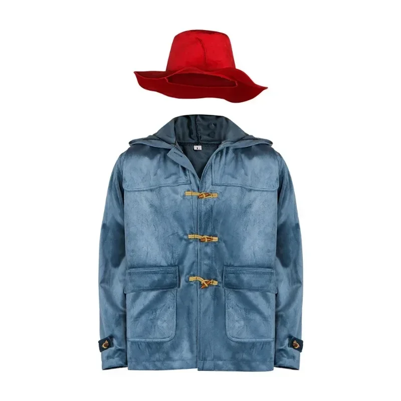 

2025 Movie Paddington Cosplay Costume Bear Retro Sheep Horn Button Hooded Coat Adult Men's Daily Clothing Halloween Tops