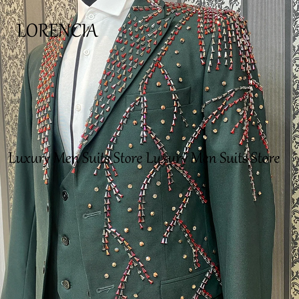 

Sparkling Beading Male Suits 3 Pieces Peaked Label Wedding Groom Tuxedos Prom Outfit Customized Blazer Pants robe mariage femme