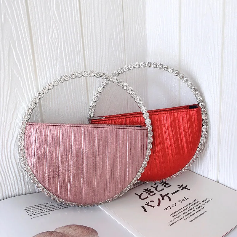 Rhinestone Circular Handle Evening Bag Women 2020 New Elegant Designer Diamonds Round Red Clutch Purse Ladies Chic Handbag Party