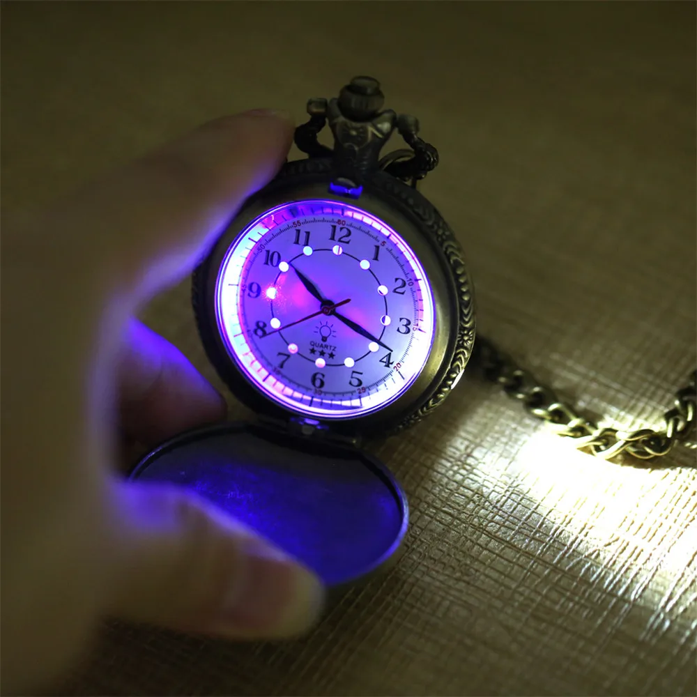 Relógio de bolso com luzes LED para homens e crianças, corrente de quartzo, steampunk, locomotiva vintage, motocicleta, bronze, prata, ouro, presentes de Natal