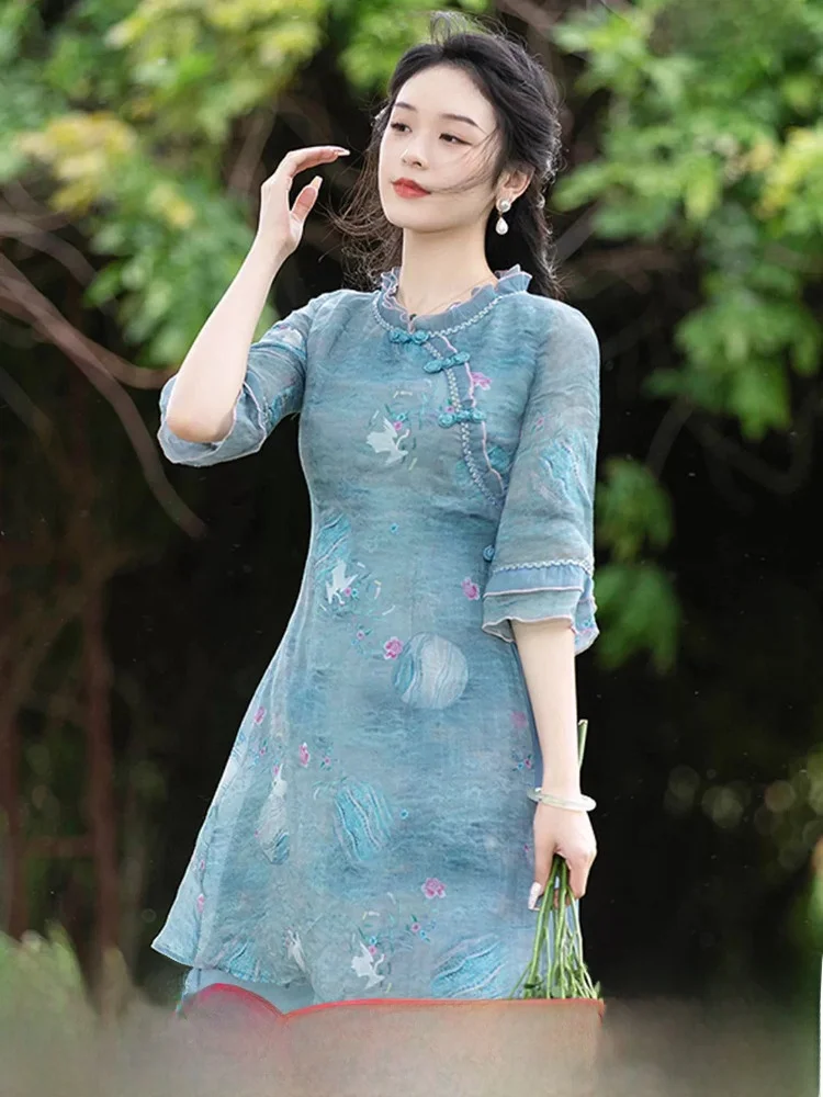 

Обновленная версия: Новое китайское летнее/весеннее платье AOCAN с цветочным принтом, высоким разрезом и тонкой тканью