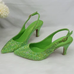 2022 New Arrival Green AB Bling Pointed Toe Wedding Shoes Woman High Thin Heel Party Dress Shoes Slingbacks Sandals