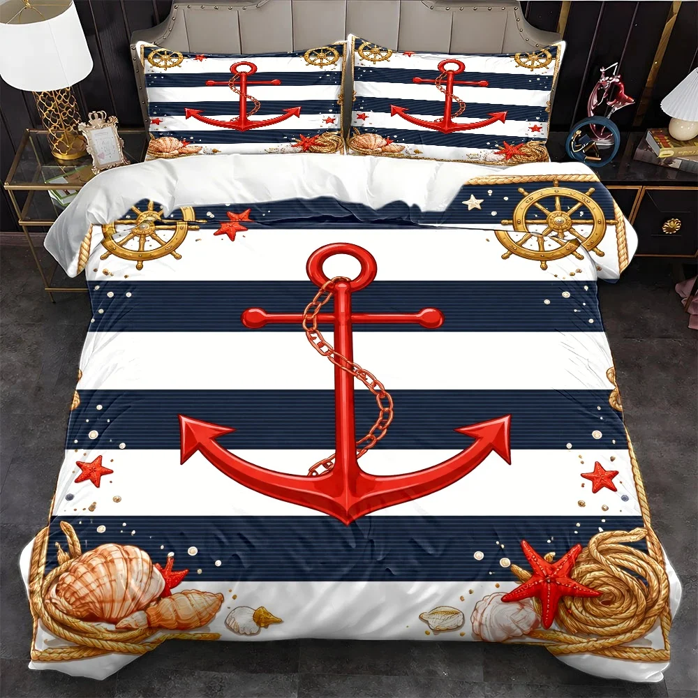 Juego de Funda Nórdica de 3 Piezas con Temática Oceánica, Ancla y Timón, Juego de Ropa de Cama de Tres Piezas (1 Funda Nórdica + 2 Fundas de Almohada), Apto para Todas las Estaciones, Lavable a Máquina, Diseño con Cremallera Invisible, Juego de Funda Nórdica Grande para Cama Doble, Apto para el Hogar, Dormitorio, Habitación Principal, Habitación de Invitados, Incluye Elementos Náuticos como Conchas y Estrellas de Mar, Ropa de Cama con Rayas y Nudos de Cuerda Estilo Vintage, Juego de Ropa de Cama Transpirable y Agradable para la Piel, Juego de Ropa de Cama de Estilo Náutico de Gran Venta con Estampado Plano 2D