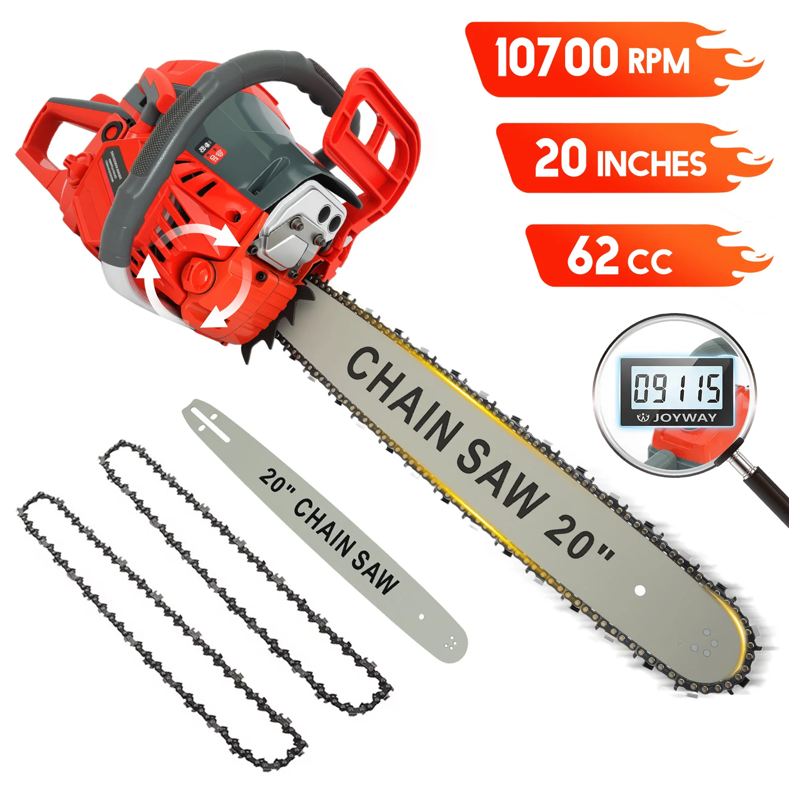 20-Inch Cordless Chainsaw 10700 RPM 2-Cycle 62CC 3.4HP for Farm/Garden/Ranch/Heavy-Duty Woodwork Cutting Garden Pruning Saw