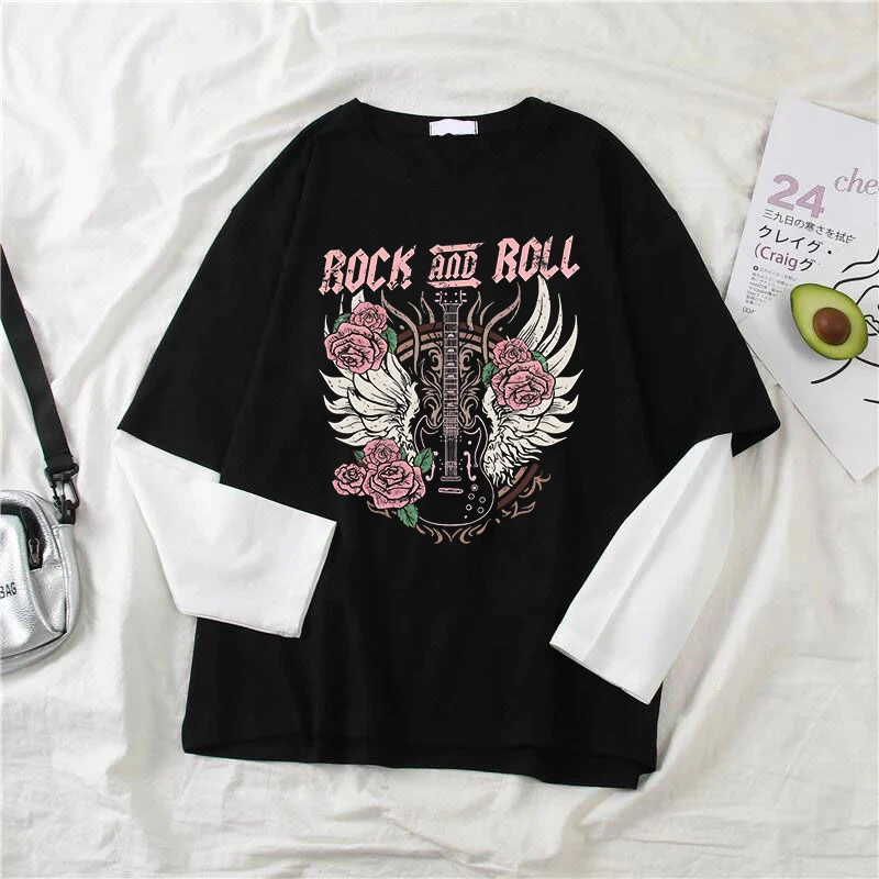 Frauen T-Shirt Mode Kreative Gitarre Muster Druck Goth Vielseitig T Harajuku Ästhetik Y2k Punk Vintage Lustige Streetwear Top
