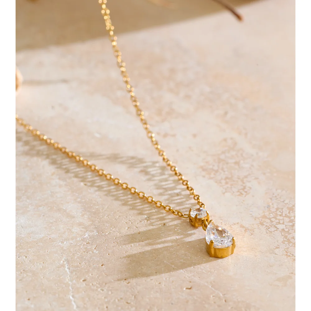 Yhpup Stainless Steel Zirconia Water Drop Pendant Necklace Temperament Shiny Fantasy Aesthetic Jewelry Gift