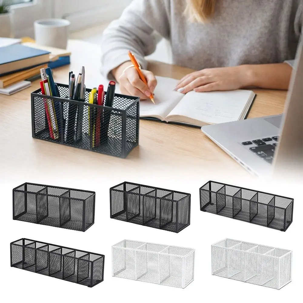 Simple 3/4/5/6 Grids Metal Mesh Desk Organizer Rectangle Durable Pencil Holder Pen Holder Office Home Supplies