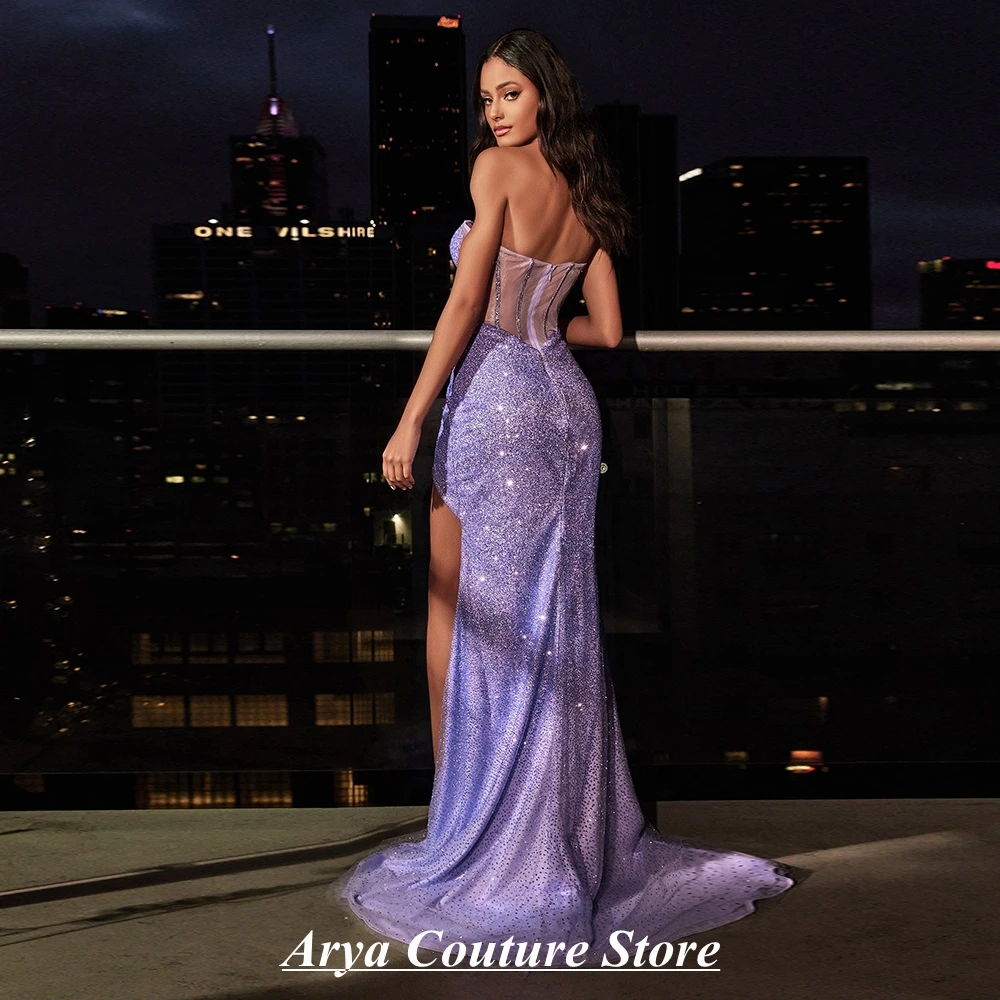 Modern Lavender Formal Evening Dress Strapless Sequin Mermaid Long Floor Length With Slit Party Dress Prom Vestidos De Noche