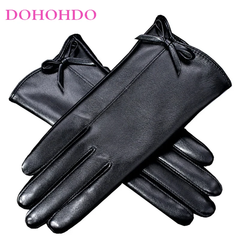 

2026 Ladies Touch-screen Black PU Leather Winter Plus Velvet Warm Cycling Outdoor Driving Cute Bow Gloves Woman Leather Gloves