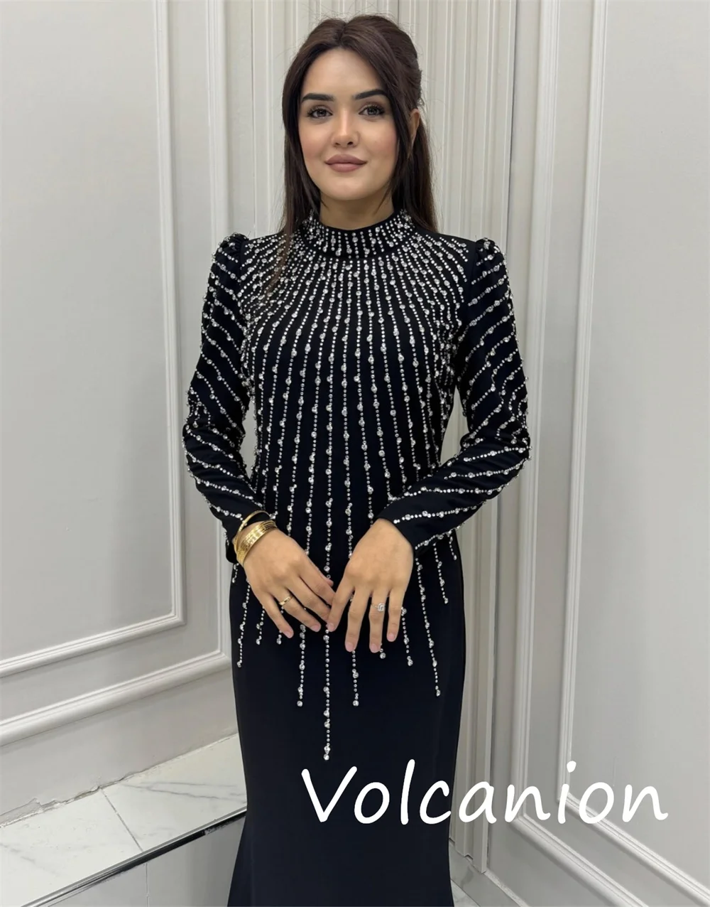 Customized Exquisite Fashion Jersey Sequined Pleat Trumpet High Collar Long Dresses Bespoke Occasion Classic