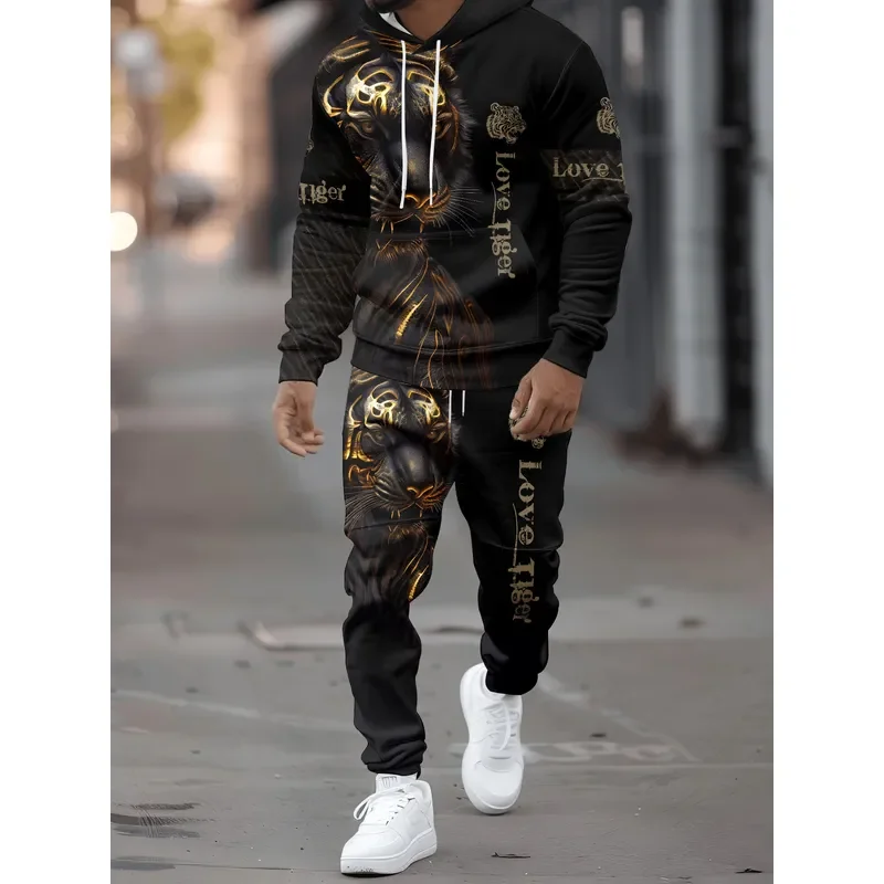 2026 Casual Sweater Sweatpants 2 Piece Set Trendy Lion Print Drawstring Outdoor Sportswear Tracksuit Women Men Fashion view 2