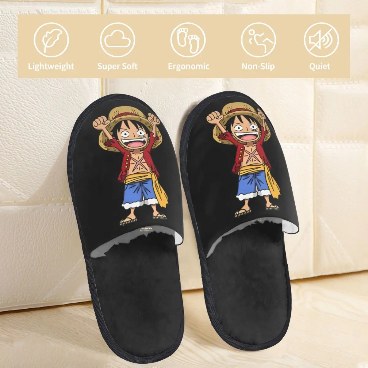 شباشب منزل قطنية شتوية من قطعة واحدة من Monkey D Luffy لغرفة النوم، شباشب مريحة من إسفنج الذاكرة مضادة للانزلاق
