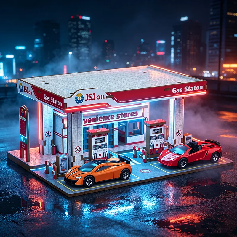 1:64 Scale Wooden DIY Diorama Kit With LED Ambient Light Gas Station Coffee Shop Parking Lot Alloy Car Model Display Storage Gif