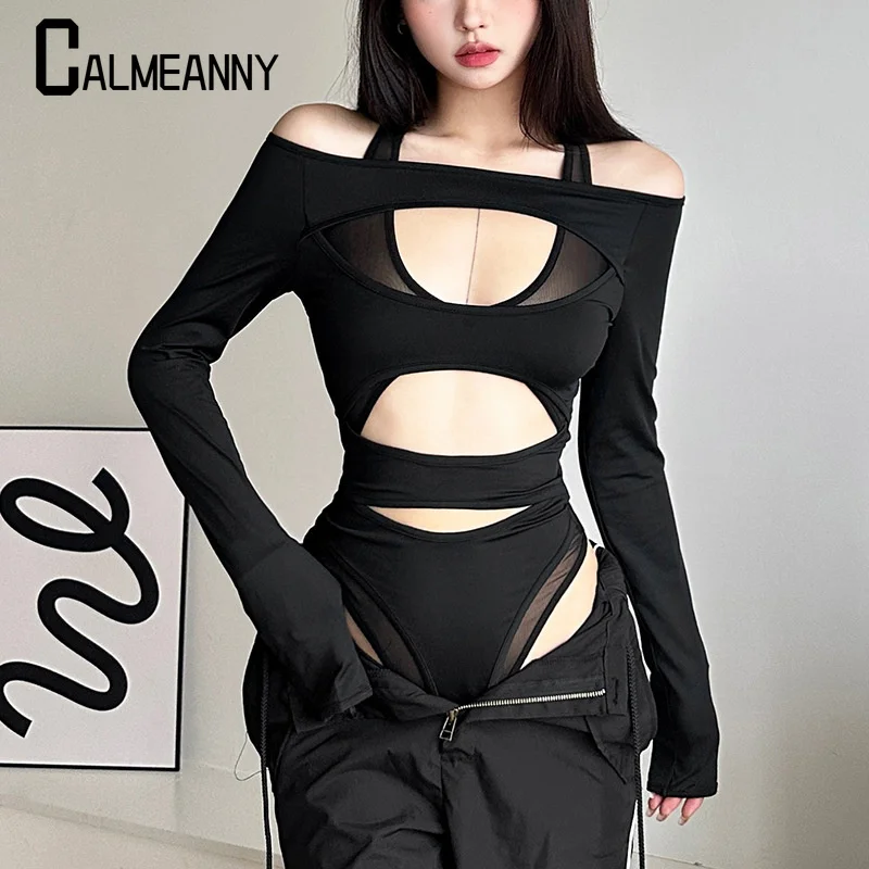 2023 Summer Modern Cool Personalized Multi Hollow Mesh Spliced Long Sleeved T-shirt for Women Slim Fit and Slimming One Piece