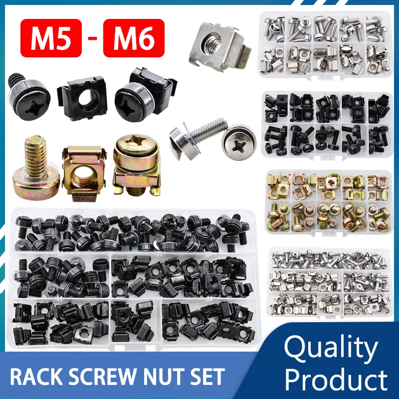 M5 M6 Phillips Rack Screw Nut Set Bolts Washers Metric Square Hole Hardware Server Screws Mount Clip Cage Nuts Assortment Kit