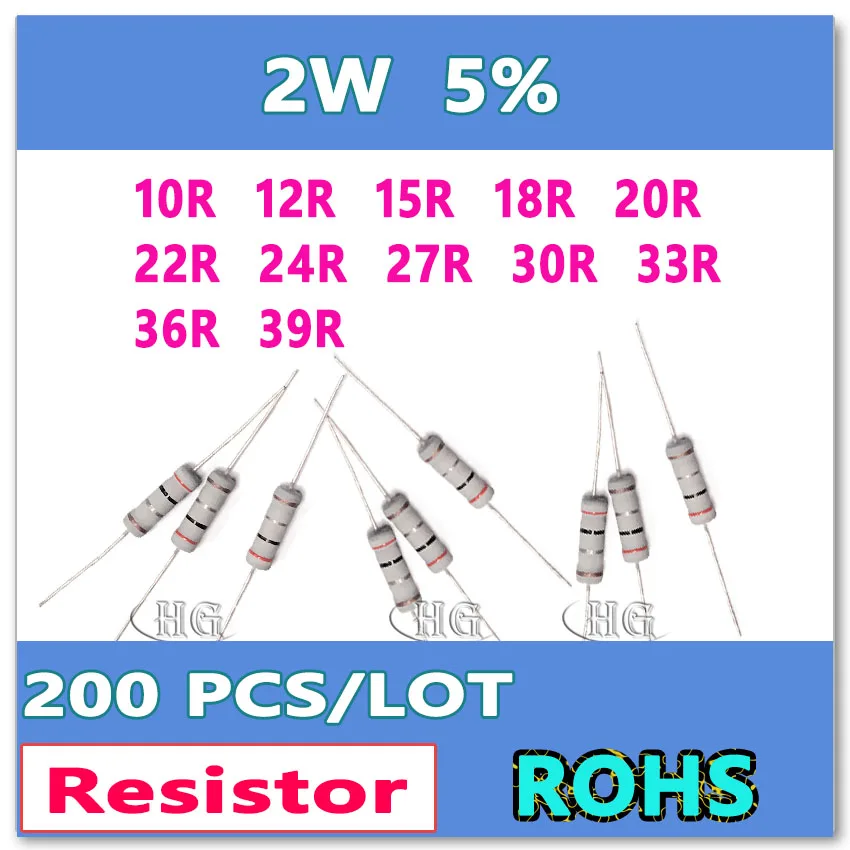 JASNPROSMA 200 ชิ้น/ล็อต 5% 2W 10R 12R 15R 18R 20R 22R 24R 27R 30R 33R 36R 39R ฟิล์มคาร์บอน DIP ตัวต้านทาน OHM