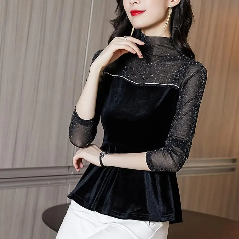 Black Lace Gold Velvet Chic T-shirt Women\'s Clothing Autumn Winter Vintage Long Sleeve Bottoming Shirt Slim Elegant Blouse 2022