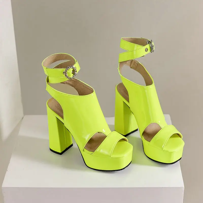 Summer Peep Toe Neon Green Fuschia Color Block High Heeled Woman Shoes Ankle Cross Strap Gladiators Platform Heels Sandals Women