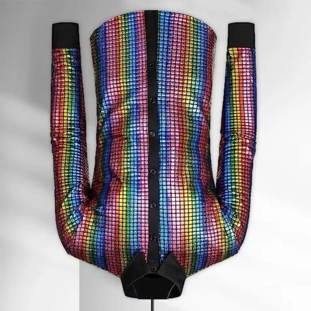 Men Shirt Shiny Smooth Sequin Stand Collar Single-breasted Turn-down Collar Club Dance Disco Stage Performance Vintage Top