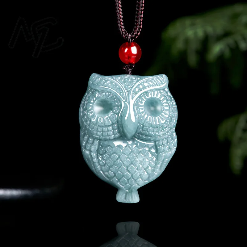 Burmese Jade Blue Water Owl Bird Pendant Natural Vintage Jewelry Pendants Necklaces Jadeite Carved Talismans Emerald