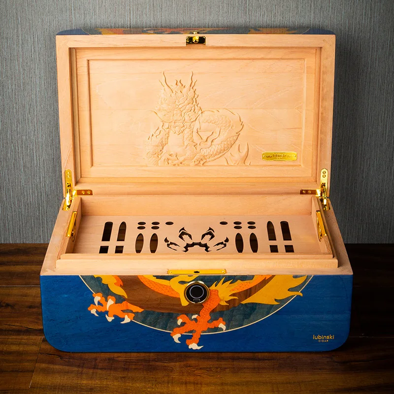 LUBINSKI Limited Edition the Year of the Loong Cigar Humidor Box Fingerprint Lock Double Cedar Wood Carved Pattern Cigar Box