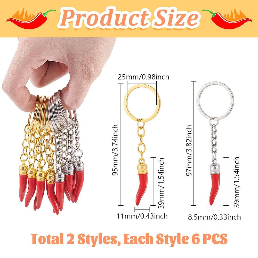 12Pcs Italian Horn Keychains Red Chili Pepper Keychain with Keyring Metal Luck Charms for DIY Jewelry Making Necklaces Bag