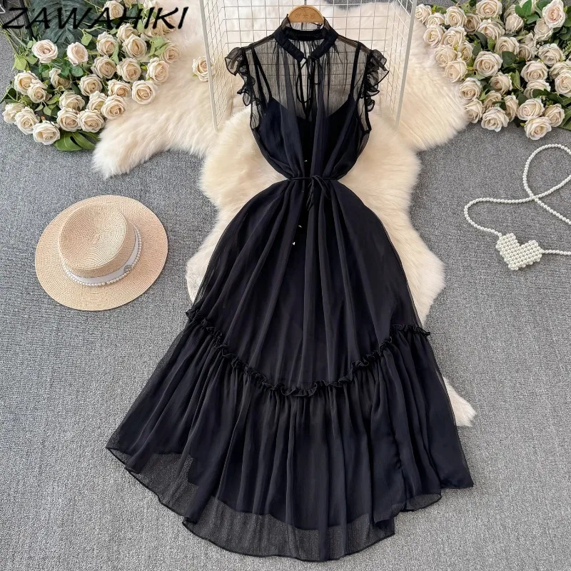 Vintage Women's Dress Temperament Floral Ruffles Vestidos Chiffon Pleated Patchwork Femme Robe Bandage Office Lady Ropa Mujer