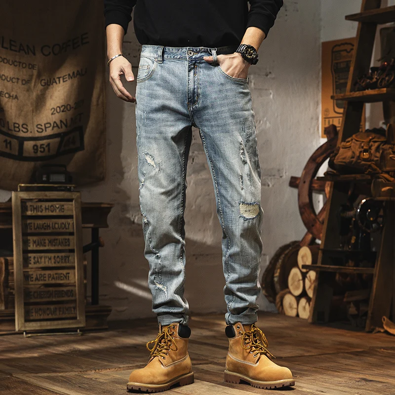 

Spring 2023 Men's Slim Fit Light Wa Denim Jeans Trendy Haome Hole Design High Waist Straight Leg Long Pants Cotton Stretch