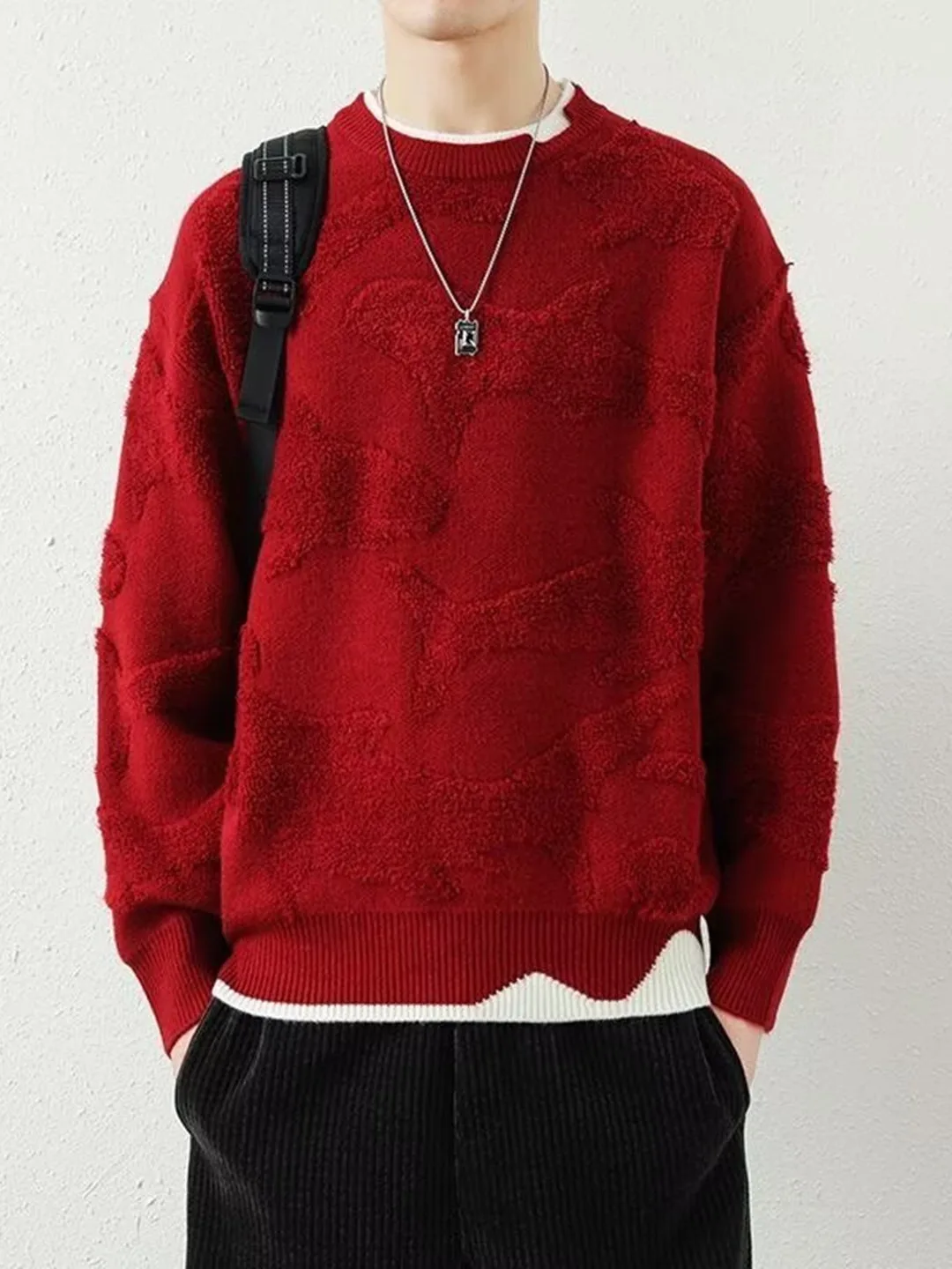 

Осень-зима мужской вязаный свитер теплая красная верхняя одежда с капюшоном топ искусственный двухсекционный уютный средний калибр длинный све круглий Ne