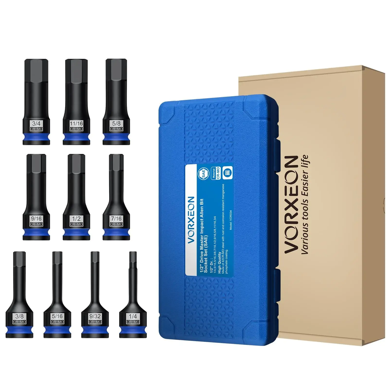 10-częściowy zestaw potrójnych kwadratowych nasadek udarowych 42 Cr-Mo XZN M5 - M18 z walizką do przechowywania, napęd 1/2"