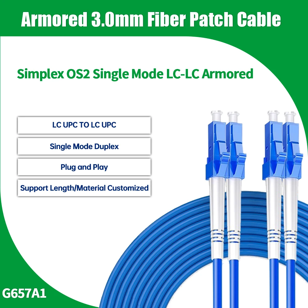 

LC UPC to LC UPC Armored 3.0mm Fiber Optic Patch Cable 1/2/3/5M Indoor G657A1 Duplex OS2 Single Mode Fiber Patch Jumper Cable