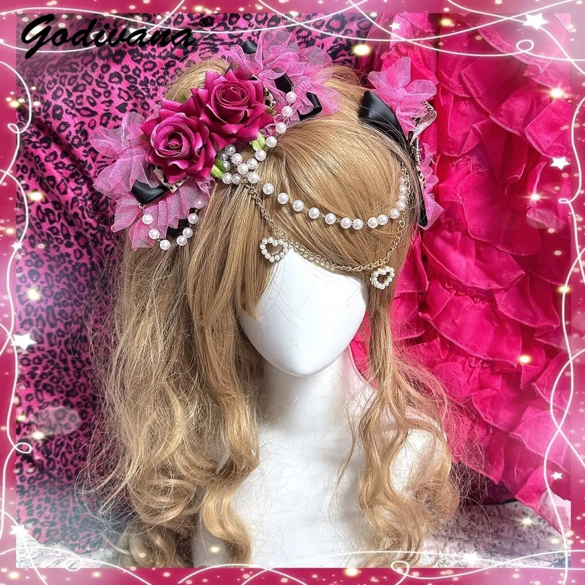 Hime Gyaru Ryousangata Style Lace Headband Leopard Print Chain Cross Decor Hairclip Japanese Subculture Lolita Headwear