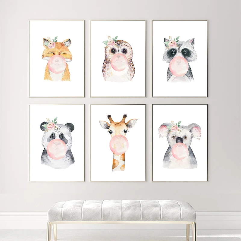 

6Pcs/Set Kawaii Flowers Bubble Gum Animals Foxes Giraffes Bears Canvas Posters Walls Art Pictures Nordic Living Room Home Decor