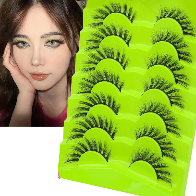 7 Pairs Fake Eyelash Factory Supply Green Fox Eyelashes Fly Diagonally With Dense Eyelashes Green Step Oblique Flight Series