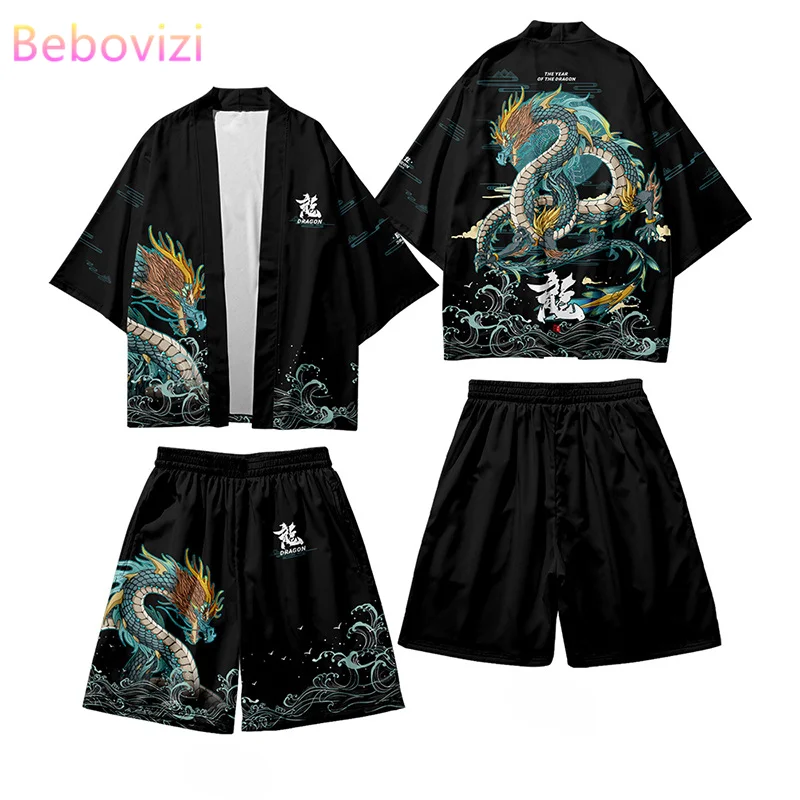 Dwuczęściowy zestaw Tradycyjne szorty kimono Mężczyźni Smoczy nadruk Japoński damski kardigan Yukata + szorty Lato