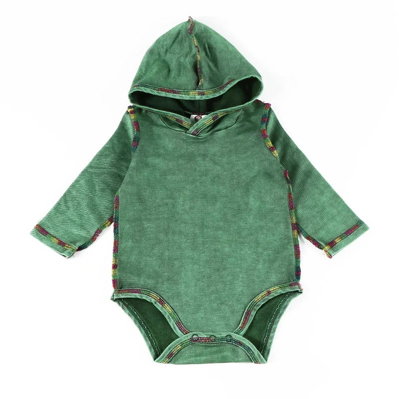 Baby rompers denim green stonewash hooded baby girl and boy romper kids clothing baby overalls colorful stitching outside 6m-18m