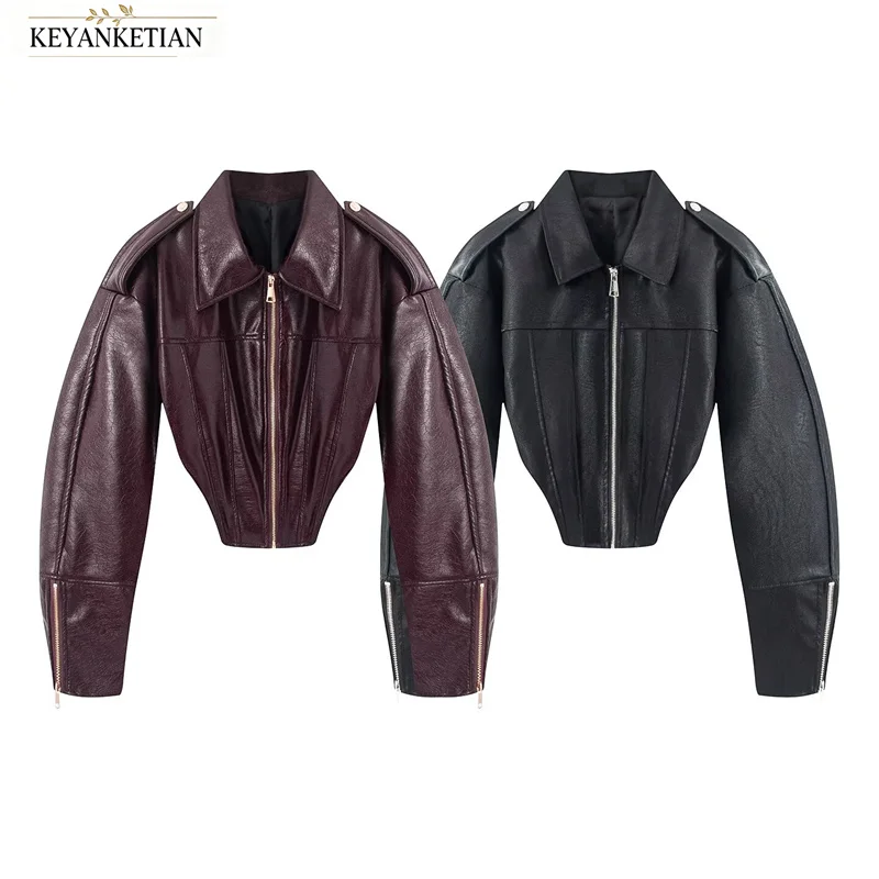 KEYANKETIAN 2026 Lapel Cropped PU Leather Jacket Shoulder Epaulets Waist Cinched Zip Up Women Vintage Moto Biker Short Coat