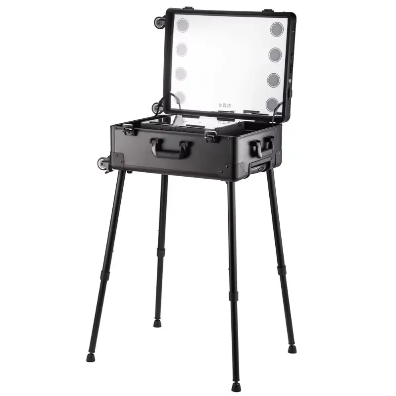 Aluminum Alloy Trolley Cosmetic Case with Lamp and Mirror, Professional Follow-up Artist, Makeup Artist Toolbox