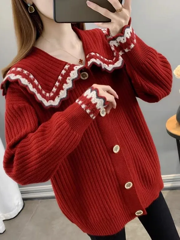 

Весна 2024, женский вязаный свитер, пальто, автомобильное пальто, верхняя одежда с кукольным воротником, тонкий внешний слой, женская мода, весенний Au...