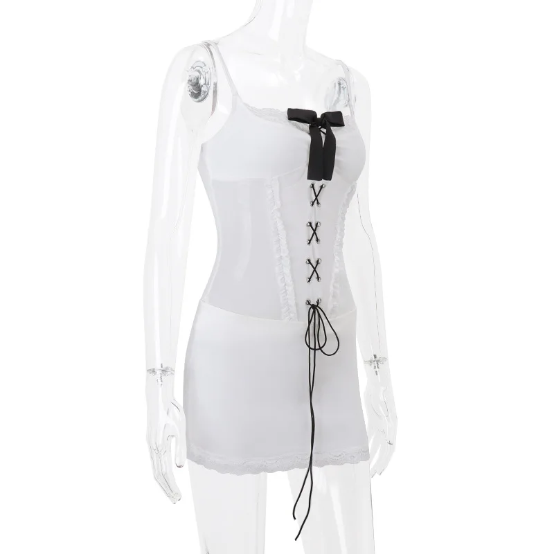 Abito sexy con cinturino per spaghetti patchwork in pizzo solido Abiti estivi da spiaggia casual da donna Abiti aderenti con fiocco estetico retrò