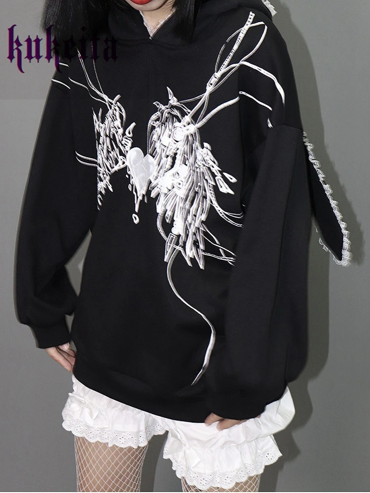 Harajuku Sweatshirt Gothic Lace Rabbit Ears Hoodies Y2k Aesthetic Women Black Punk Hoodies Spring Autumn Mujer Streetwear