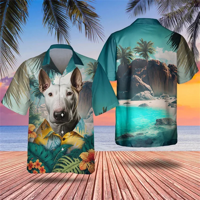 Bull Terier Dog Pattern Hawaiian Shirts Summer Unisex Clothes 3D Tropical Fruits Printed Beach Shirt Casual Bull Terrier Shirt