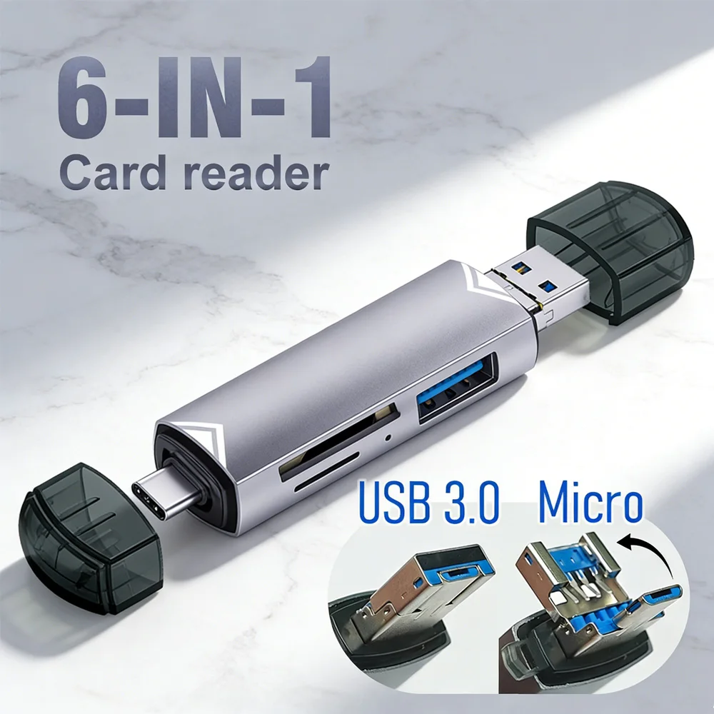 

Универсальный OTG-кардридер 6-в-1 (USB 3.0): адаптер для карт памяти SD/TF, USB-C ридер для телефона, ноутбука, камеры, PS4, автомобиля