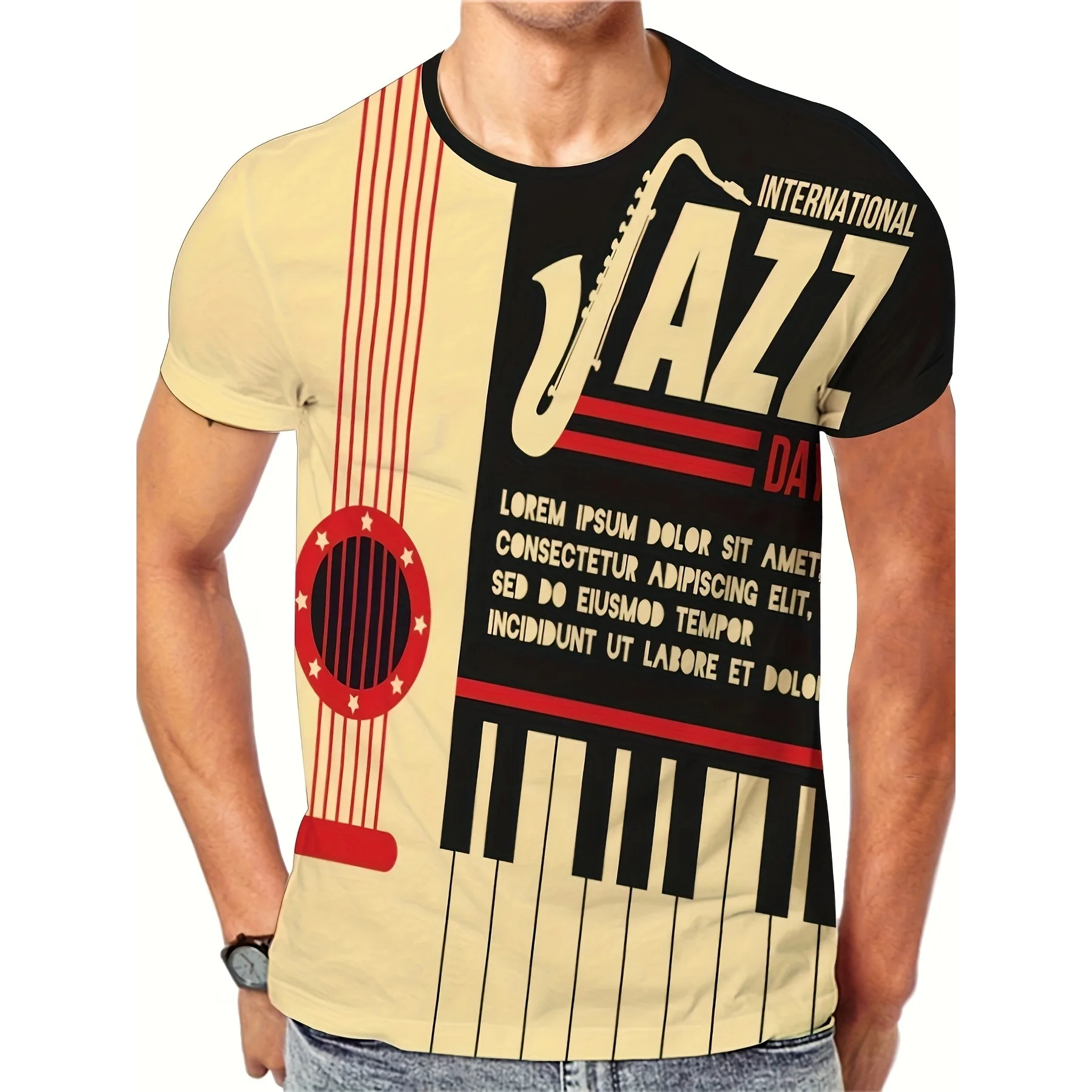 Jazz Instrument And Letter Digital Print Men\'s Creative Color Block Short Sleeve Crew Neck T-shirt, Summer Outdoor