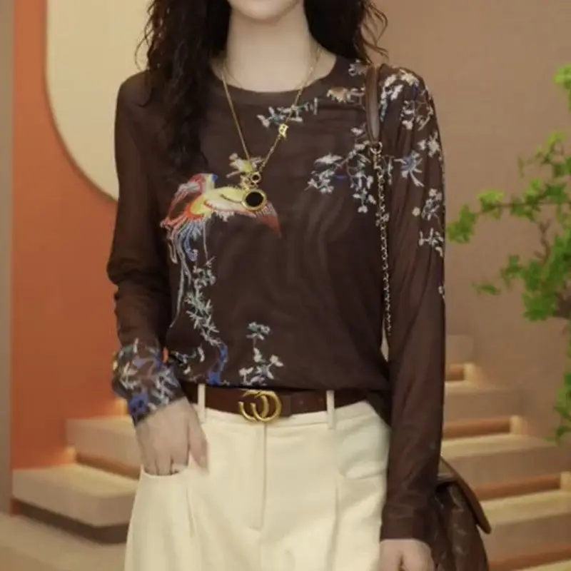

New spring style mesh long-sleeved T-shirt for women slim and versatile wearable shirt and elastic top