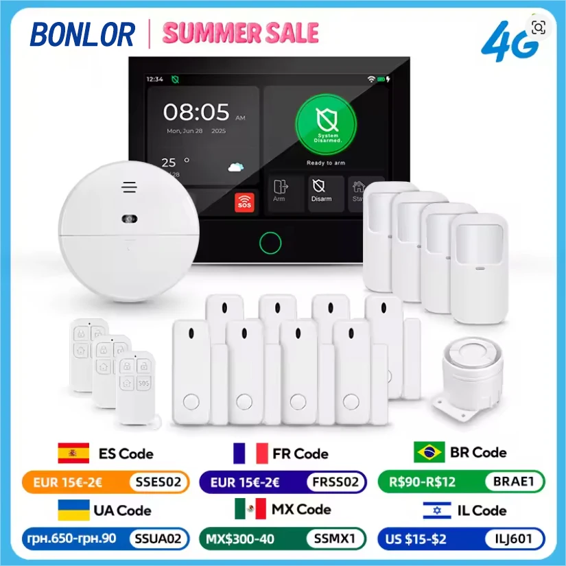 

BONLOR 7-дюймовый большой сенсорный экран IPS, домашняя сигнализация, панель 4G LTE GSM Wi-Fi, беспроводная сигнализация, охранная система Tuya Smart Alexa