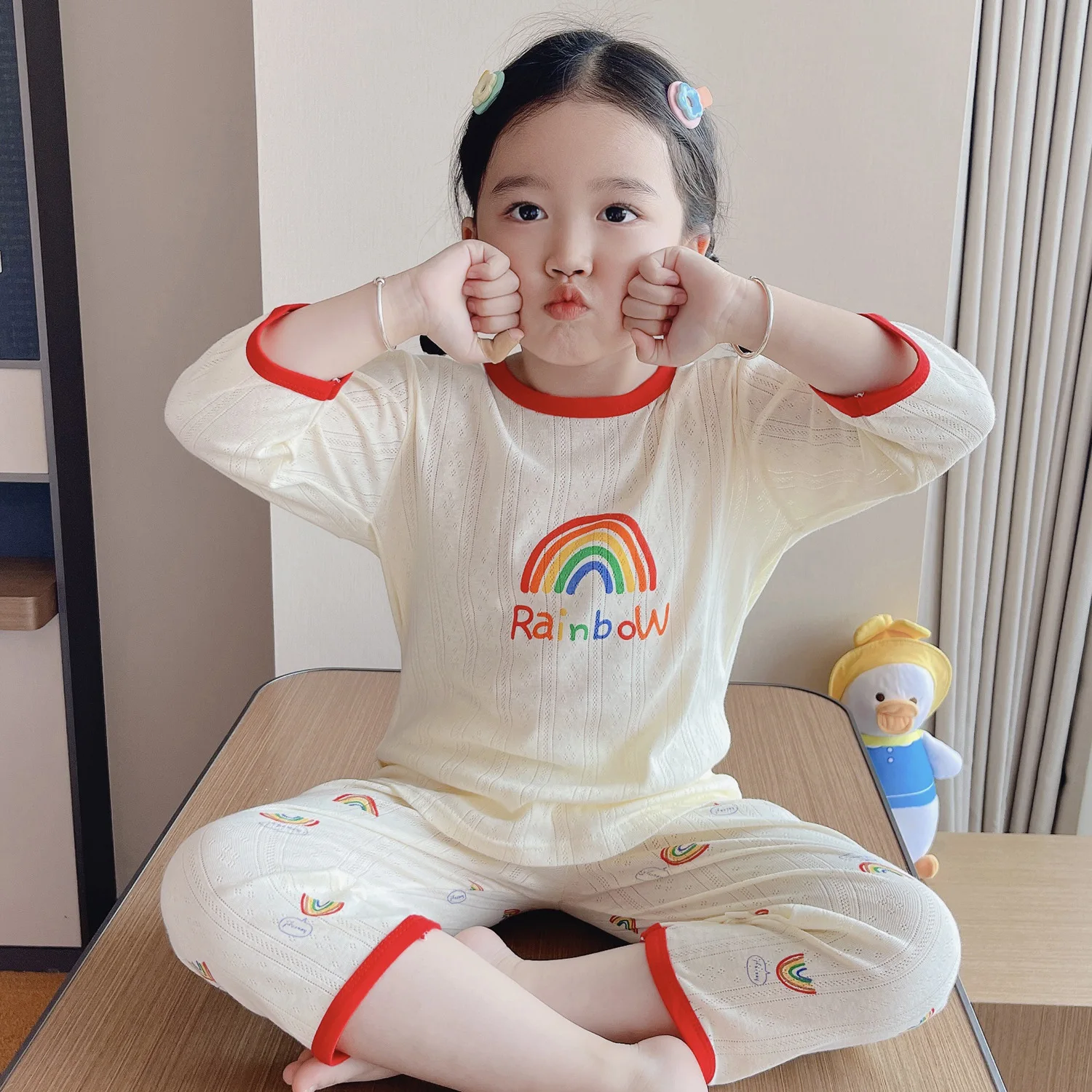 New children's pajamas summer pure cotton thin pajamas men and girls home wear seven-point sleeve air conditioning clothing