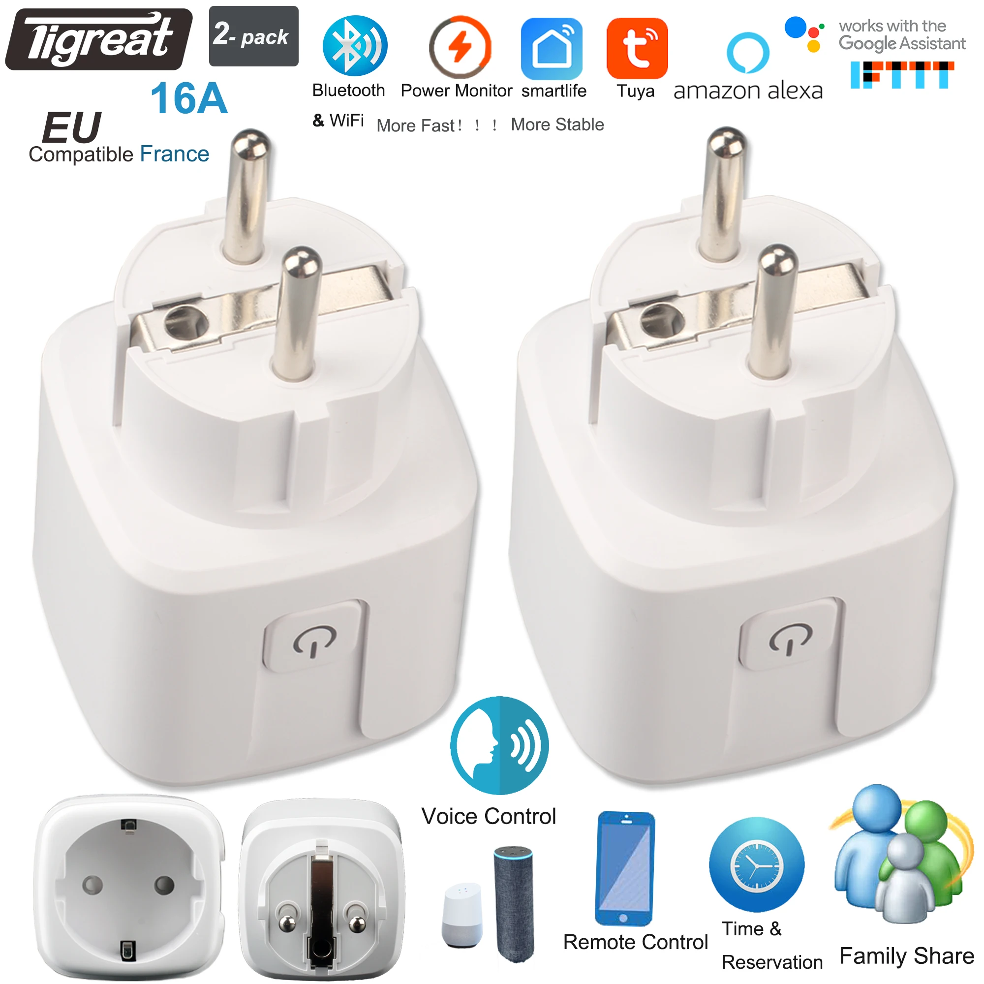 

Tigreat Smart WiFi Plug EU,FR,16A w Bluetooth,Timer,Remote Control,Compatible with Smart Life, Tuya, Alexa for Home Automation