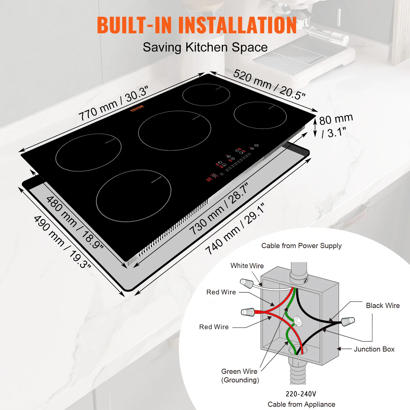 VEVOR 5 Burners 30/36 Inch Electric Induction Cooktop Stove Hob Built-in Burner Cooker Sensor Touch Control Magnetic Cooker